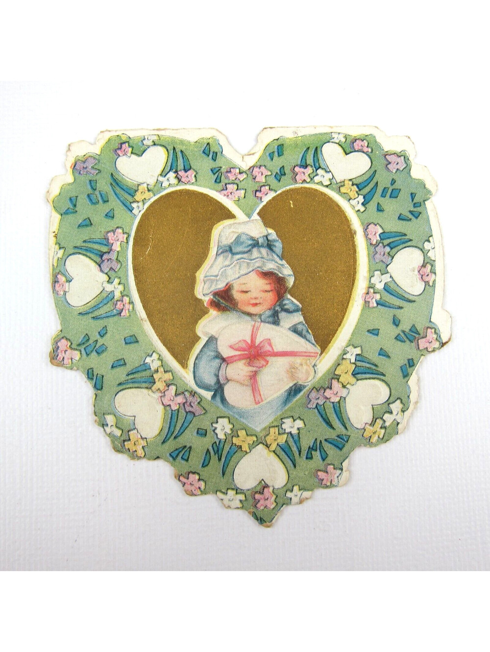 Vintage Valentine Card Die cut Girl Blue Dress & Bonnet Hat Hearts Flowers Gold